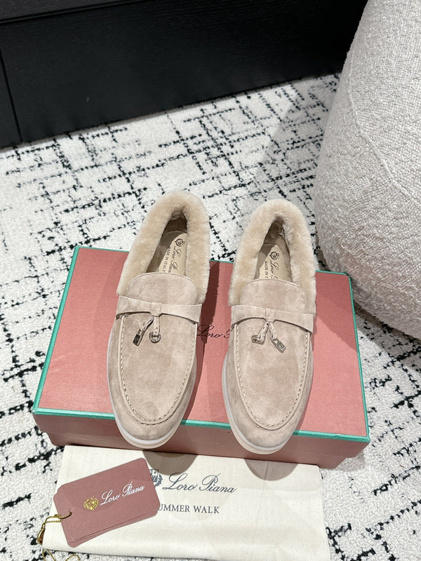 LP Summer Charms Walk Loafers In Light Brown Beige Suede With Rabbit Fur Lining 985651