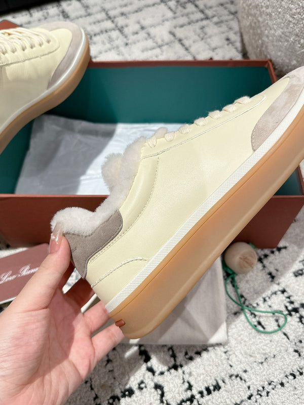 LP Tennis Walk Sneaker In Ivory White Mix Light Grey Lambskin Lined With Wool Fleece 985657