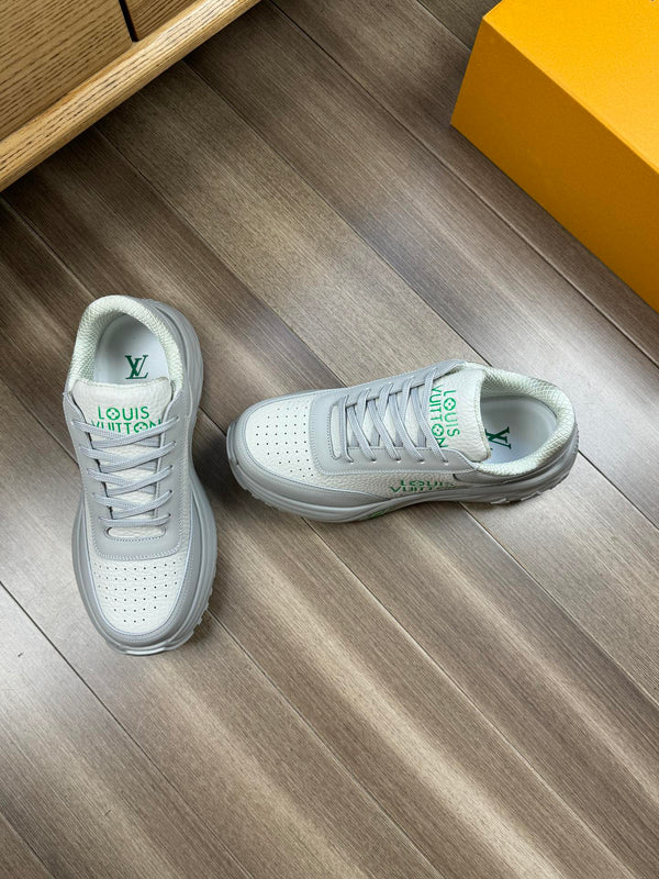 LV SPORT SNEAKER IN WHITE MIX GREY CALFSKIN WITH GREEN LOGO