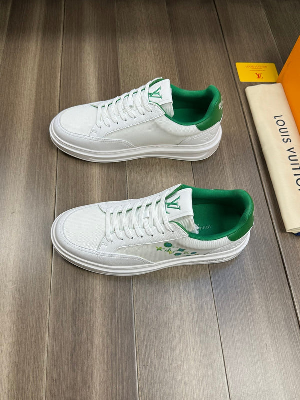 LV TRAINER SNEAKER WHITE MIX GREEN CALFSKIN AND BREATHABLE FABRIC