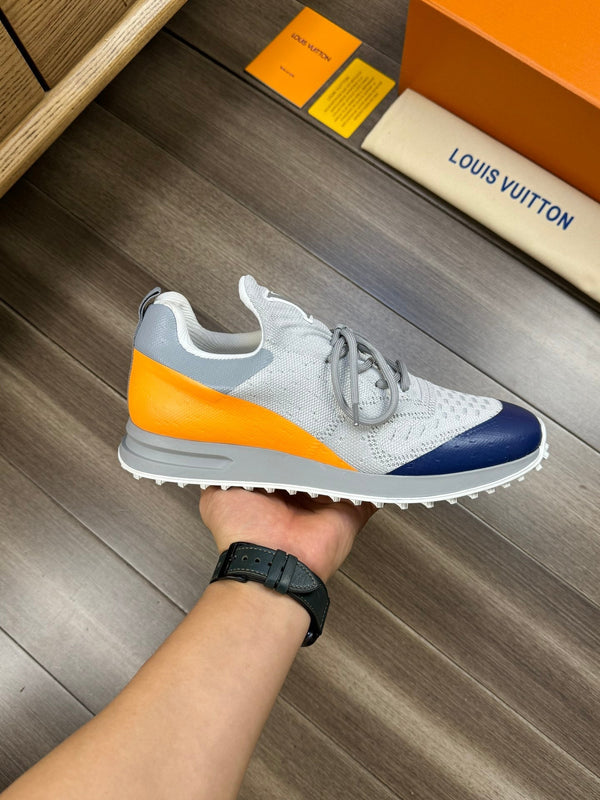 SNEAKERS IN GREY MESH BREATHABLE FABRIC AND BLUE MIX ORANGE CALFSKIN