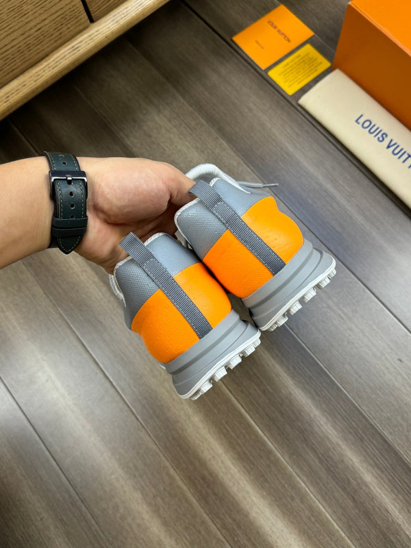 SNEAKERS IN GREY MESH BREATHABLE FABRIC AND BLUE MIX ORANGE CALFSKIN