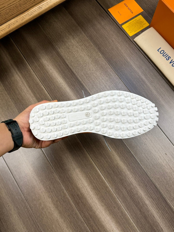 SNEAKERS IN GREY MESH BREATHABLE FABRIC AND BLUE MIX ORANGE CALFSKIN