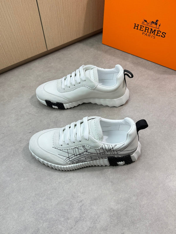 HM Men's Bouncing Sneaker White Black Calfskin Suede 696022