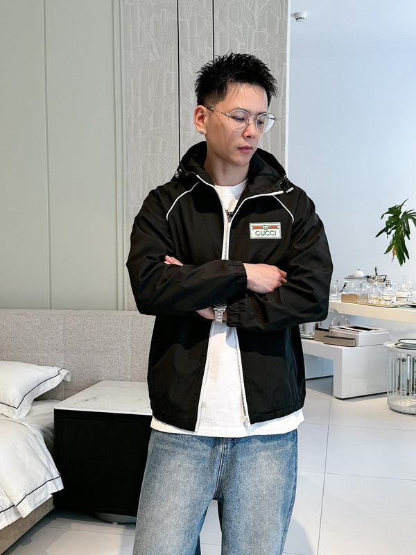 Gucci Men’s Water-Repellent Windbreaker Jacket Black White Nylon Fabric