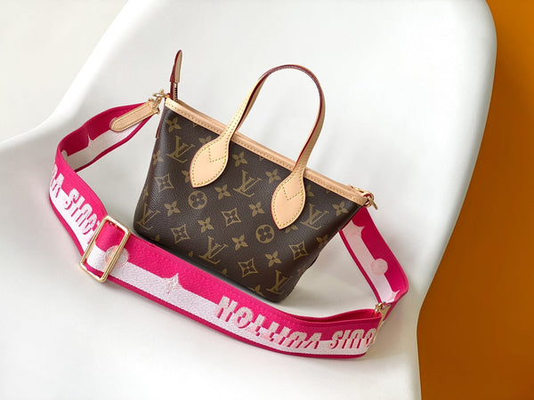 LV Neverfull BB Bag 24cm Brown Rose Red Monogram Canvas & Cowhide