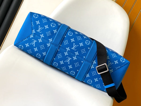 LV The Weekend Tote Bag 43cm Blue Monogram Canvas & Taïga Leather