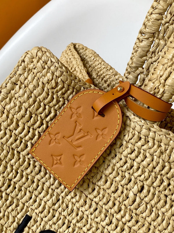 Borsa shopper estiva MM in rafia beige e pelle di mucca