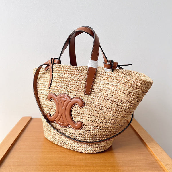 Celine Teen Supple Classic Panier 22cm Marrone Vitello Beige Rafia