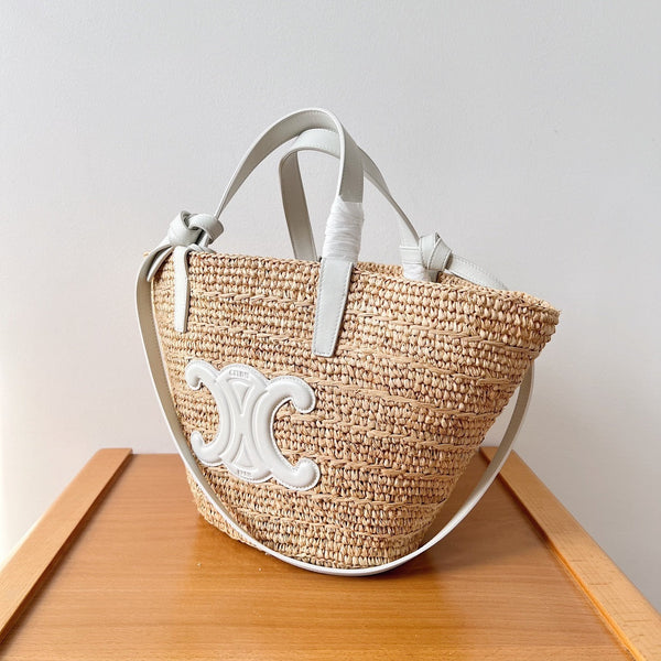Celine Teen Supple Classic Panier 22cm Pelle di vitello bianca Rafia beige