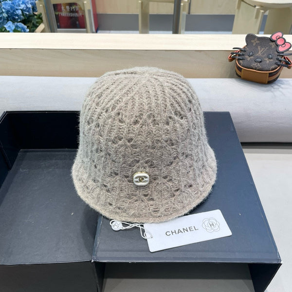 BUCKET HAT KHAKI BROWN KNITTED FABRIC WITH RABBIT FUR 428091