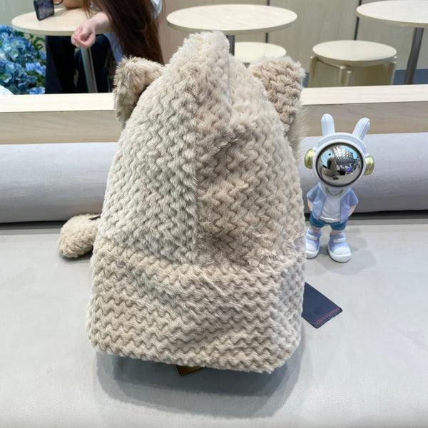 BEANIE HAT IN COSMIC LATTE BEIGE WOOL AND LAMB FUR 435073