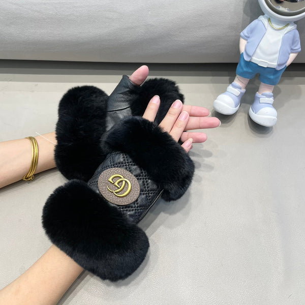 HALF-FINGER GLOVES IN BLACK RABBIT FUR AND LAMBSKIN 432564