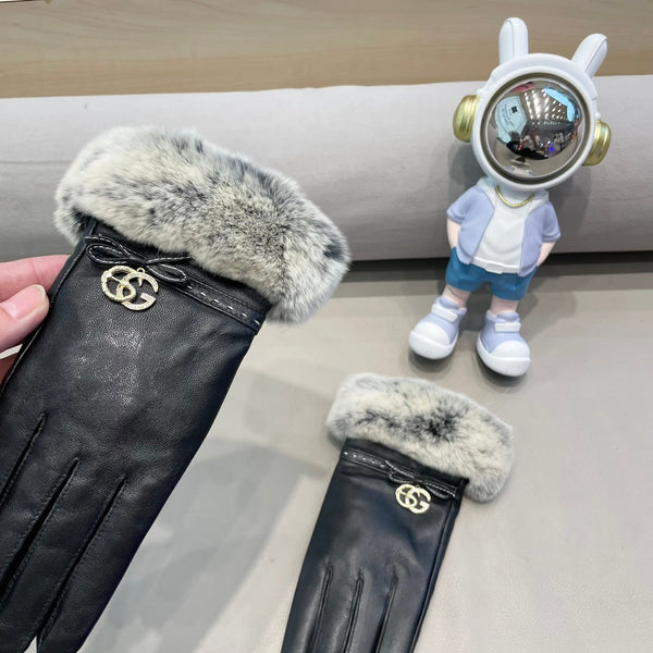 FUR-TRIMMED LAMBSKIN GLOVES BLACK WITH BOW 456265