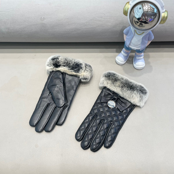 TOUCHSCREEN GLOVES WITH BOW IN BLACK RABBIT FUR MIX LAMBSKIN 463796