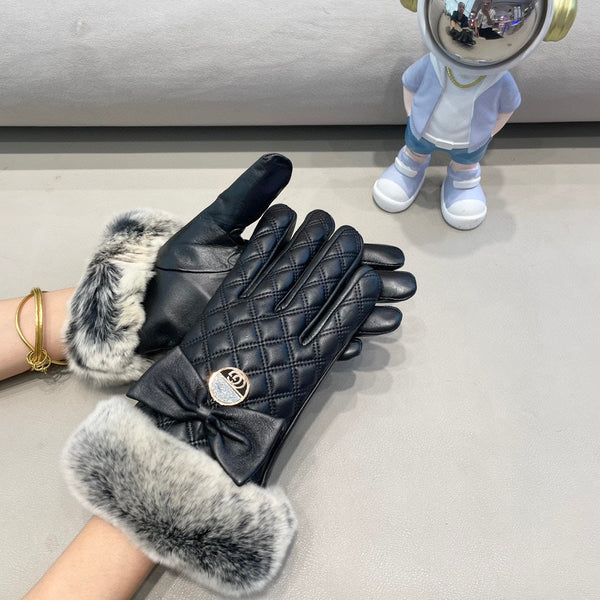 TOUCHSCREEN GLOVES WITH BOW IN BLACK RABBIT FUR MIX LAMBSKIN 463796