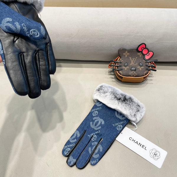 GLOVES IN NAVY BLUE DENIM AND BLACK CALFSKIN 463798