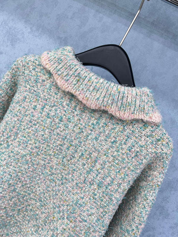 CC 2025 Pull Col Pétale Bleu Rose Laine 325851