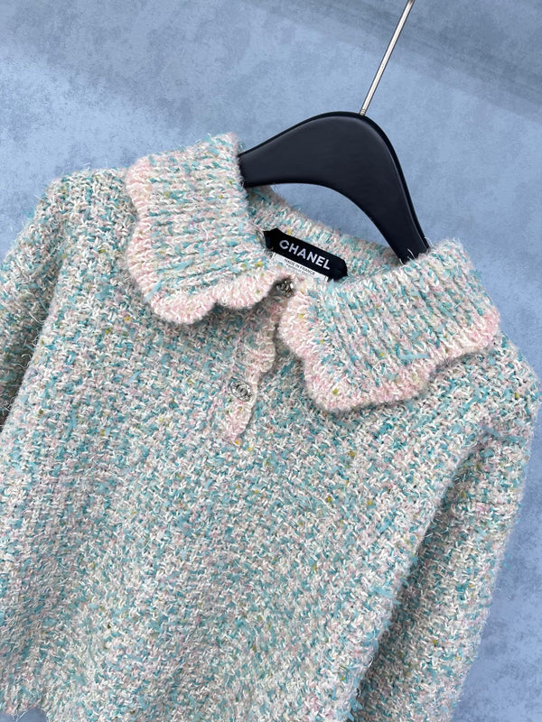 CC 2025 Pull Col Pétale Bleu Rose Laine 325851