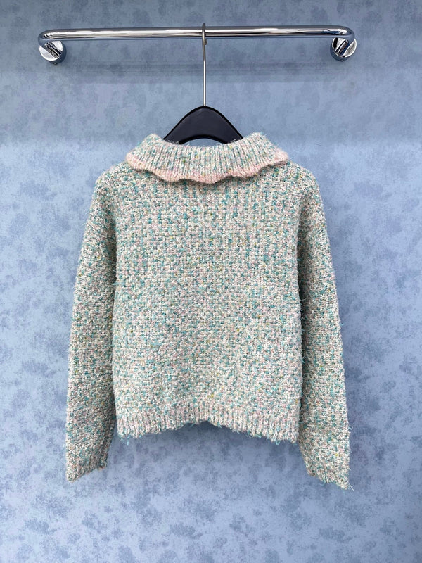 CC 2025 Pull Col Pétale Bleu Rose Laine 325851