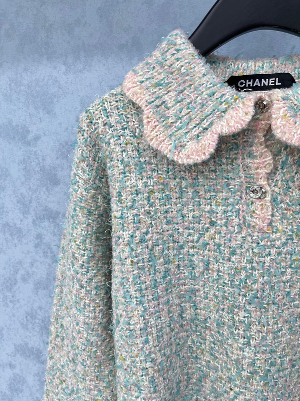 CC 2025 Pull Col Pétale Bleu Rose Laine 325851