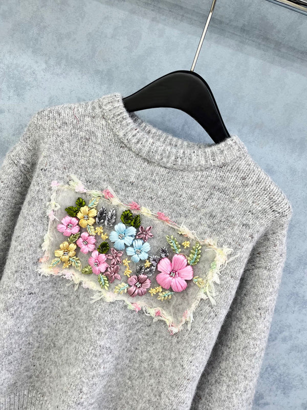 CC 2025 Pull en maille fleuri gris mélangé Laine 325844