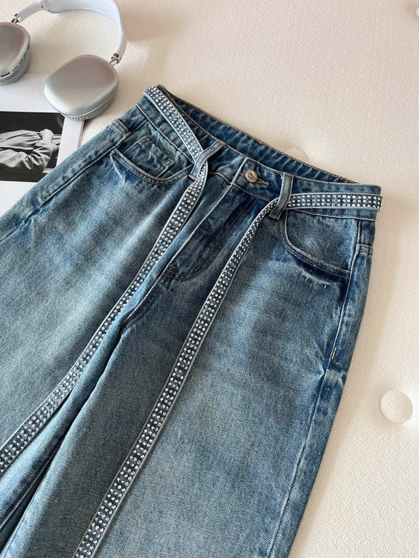 CC Jean large en denim bleu à ceinture en strass 351177