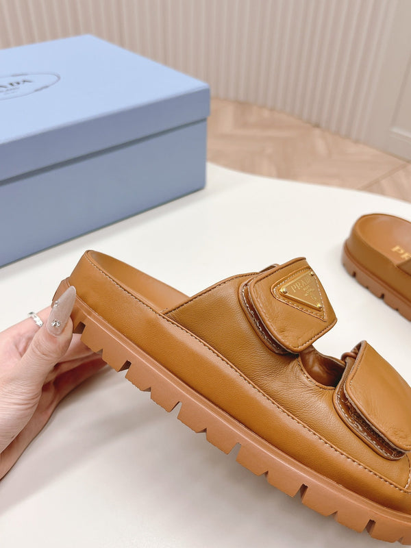 Pra Double Strap Slide 20 With Triangle Logo Tan Calfskin