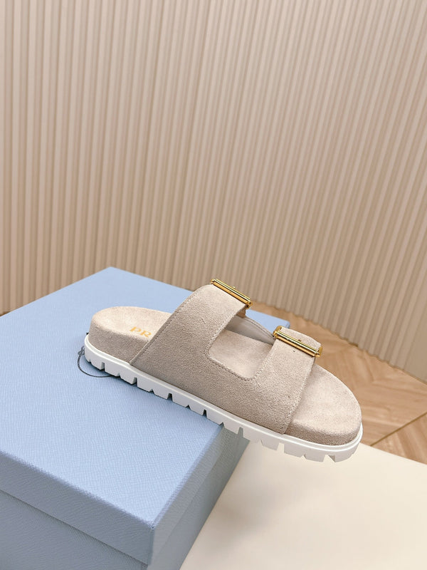 Double Buckle Strap Slides 20 Light Grey Suede
