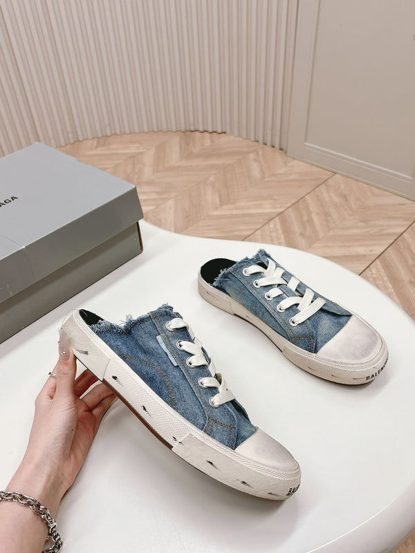 PARIS MULES IN BLUE DESTROYED DENIM AND RUBBER