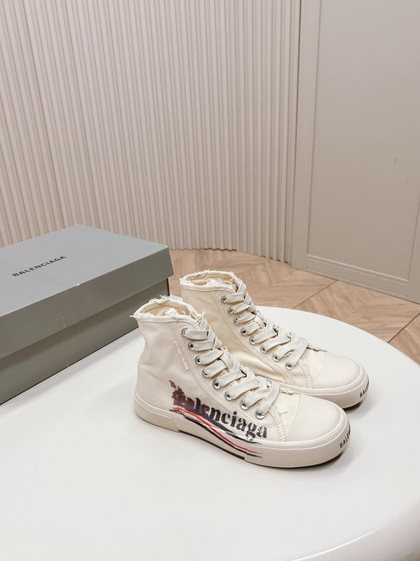 WHITE CANVAS HIGH-TOP SNEAKERS LOGO GRAFFITI