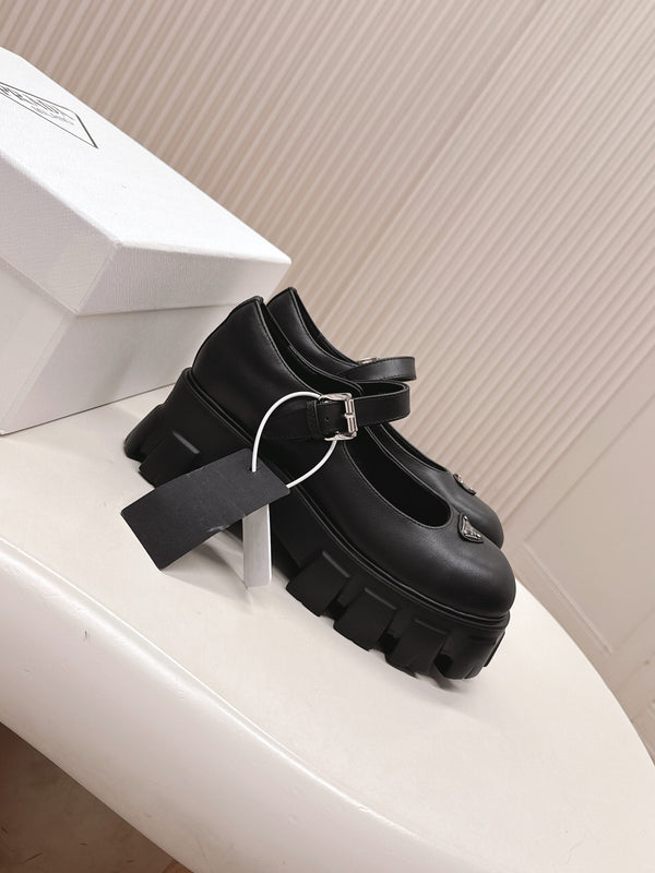 Prada Brushed Monolith Mary Janes Loafer Black Cowhide