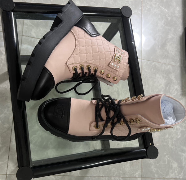 CC Combat Boots Pastel Pink Black Quilted Lambskin 944573