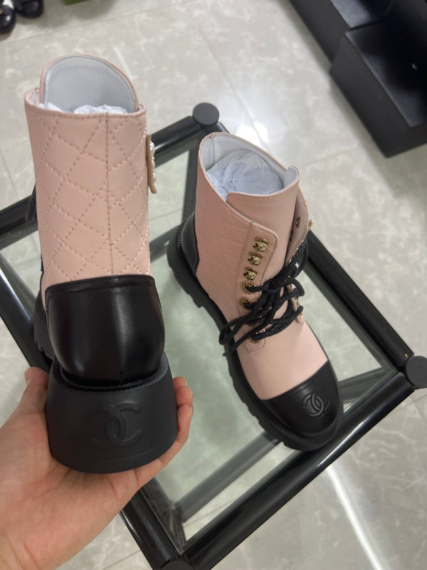 CC Combat Boots Pastel Pink Black Quilted Lambskin 944573