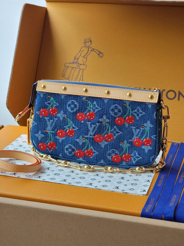 LV x TM M13994 Pochette Accessoires 22cm Blue Monogram Denim With Cherry Motif GHW