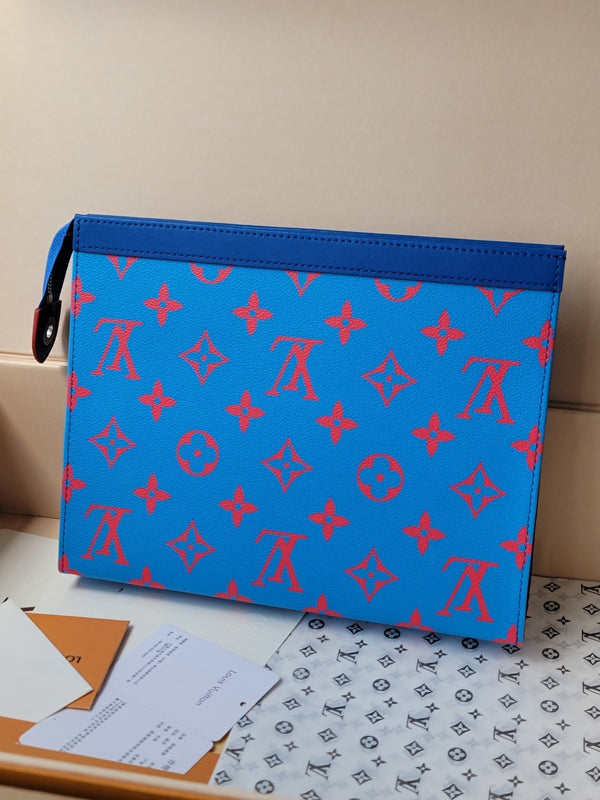 LV M14692 Pochette Voyage Blue Red Monogram Glow Canvas & Cowhide