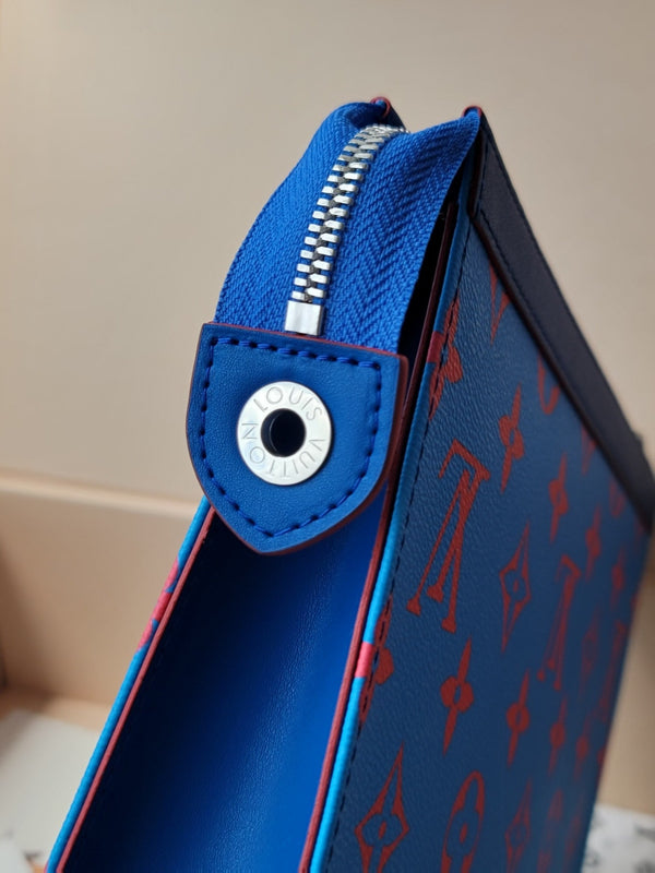 LV M14692 Pochette Voyage Blue Red Monogram Glow Canvas & Cowhide