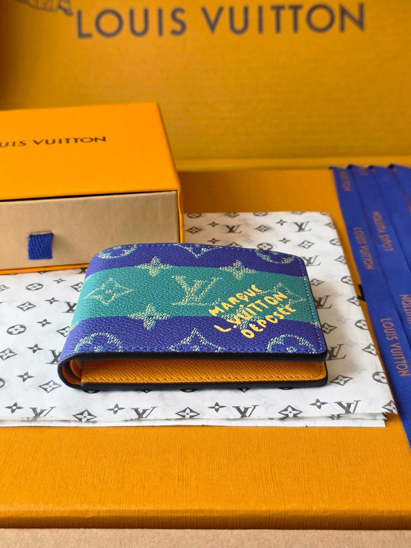 LV M25795 Portafoglio multiplo in pelle di vacchetta blu scuro verde acqua