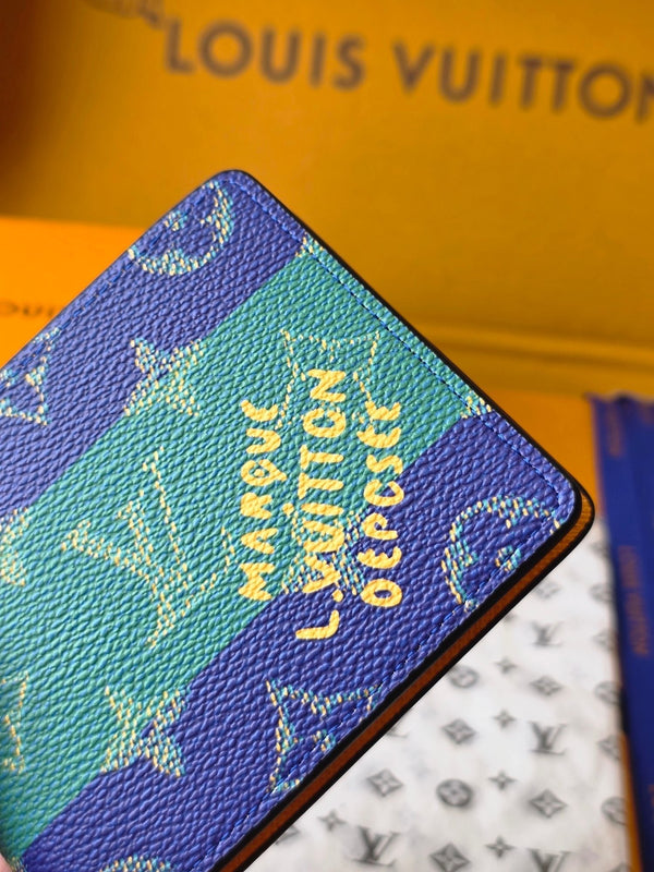 LV M25795 Portafoglio multiplo in pelle di vacchetta blu scuro verde acqua