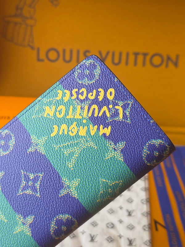 Portafoglio LV Brazza in pelle di vacchetta blu scuro verde acqua