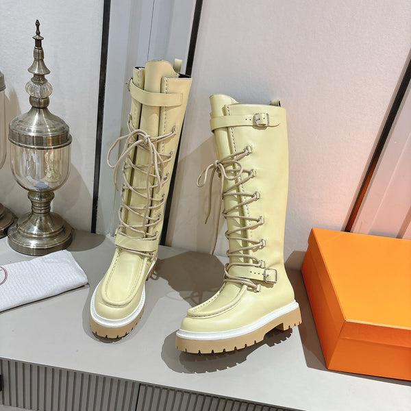 HM Lace Up Boots 25mm Belt Buckle Yellow-beige Leather 466587