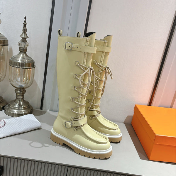 HM Lace Up Boots 25mm Belt Buckle Yellow-beige Leather 466587