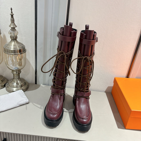 HM Lace Up Boots 25mm Belt Buckle Mauve Brown Leather 466590