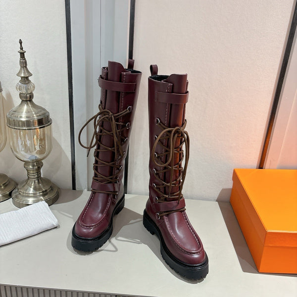 HM Lace Up Boots 25mm Belt Buckle Mauve Brown Leather 466590