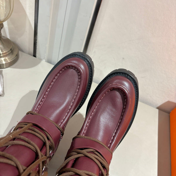 HM Lace Up Boots 25mm Belt Buckle Mauve Brown Leather 466590