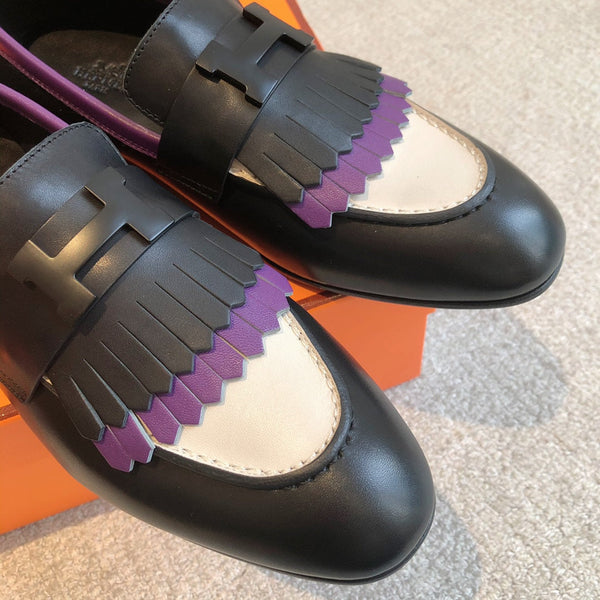 Royal Loafer Black Mix Purple and White Calfskin With Fringe Detail And Black Signature Buckle 509413