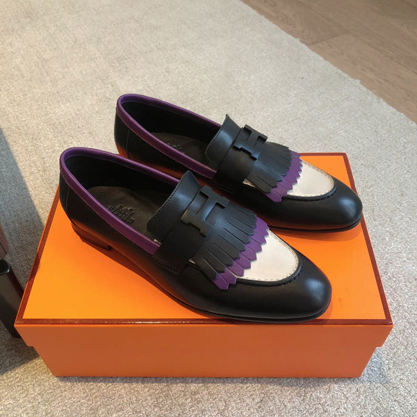 Royal Loafer Black Mix Purple and White Calfskin With Fringe Detail And Black Signature Buckle 509413