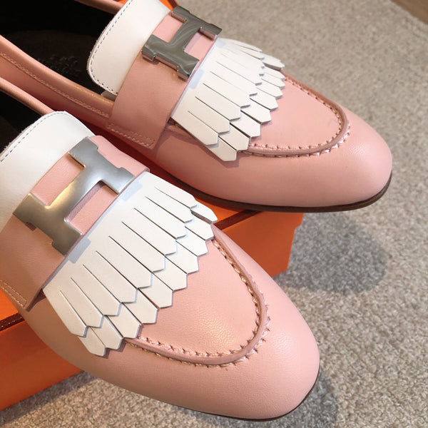 Royal Loafer Pink Mix White Calfskin With Fringe Detail And Silver Signature Buckle 509418