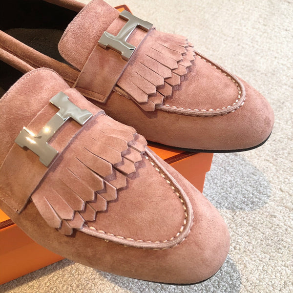 Royal Loafer Pink Suede Calfskin With Fringe Detail And Silver Signature Buckle 509432