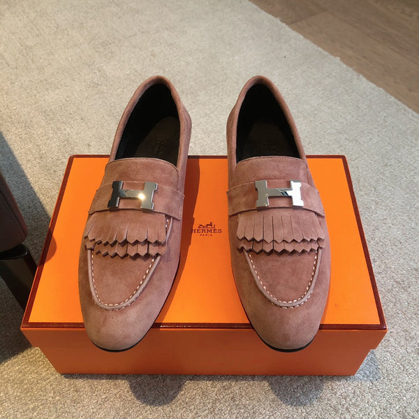 Royal Loafer Pink Suede Calfskin With Fringe Detail And Silver Signature Buckle 509432
